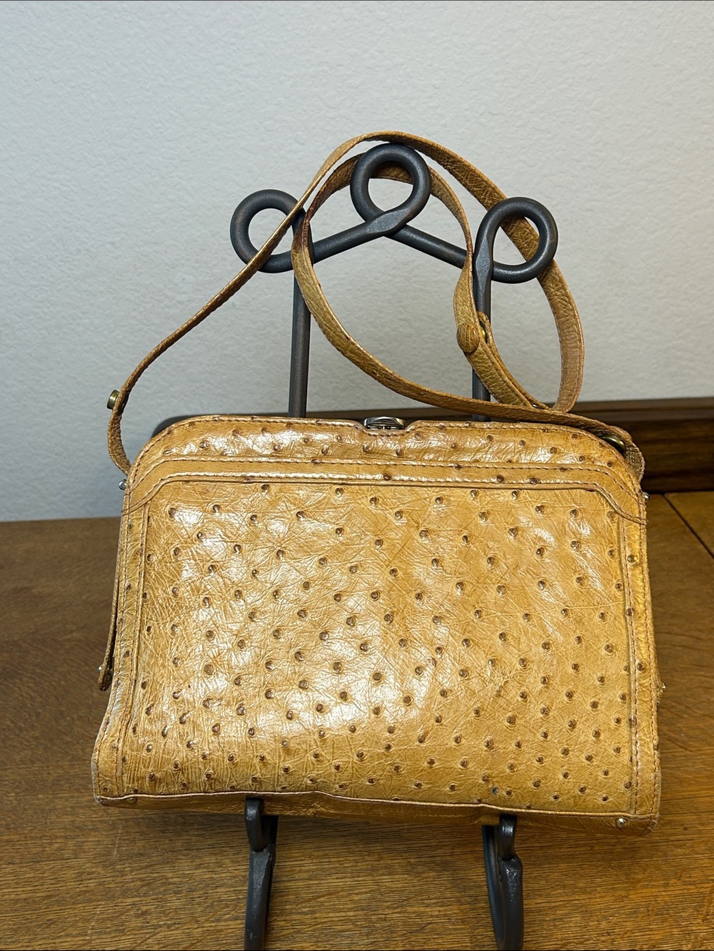 Rare Vintage Mid Century Leather Ostrich Crossbody bag Tan Brown